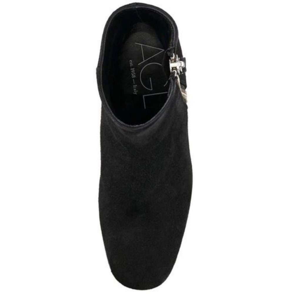 AGL Black Suede Bootie Exposed Silver Side Zipper Chunky Block Heel NWT 36.5 - Picture 3 of 7